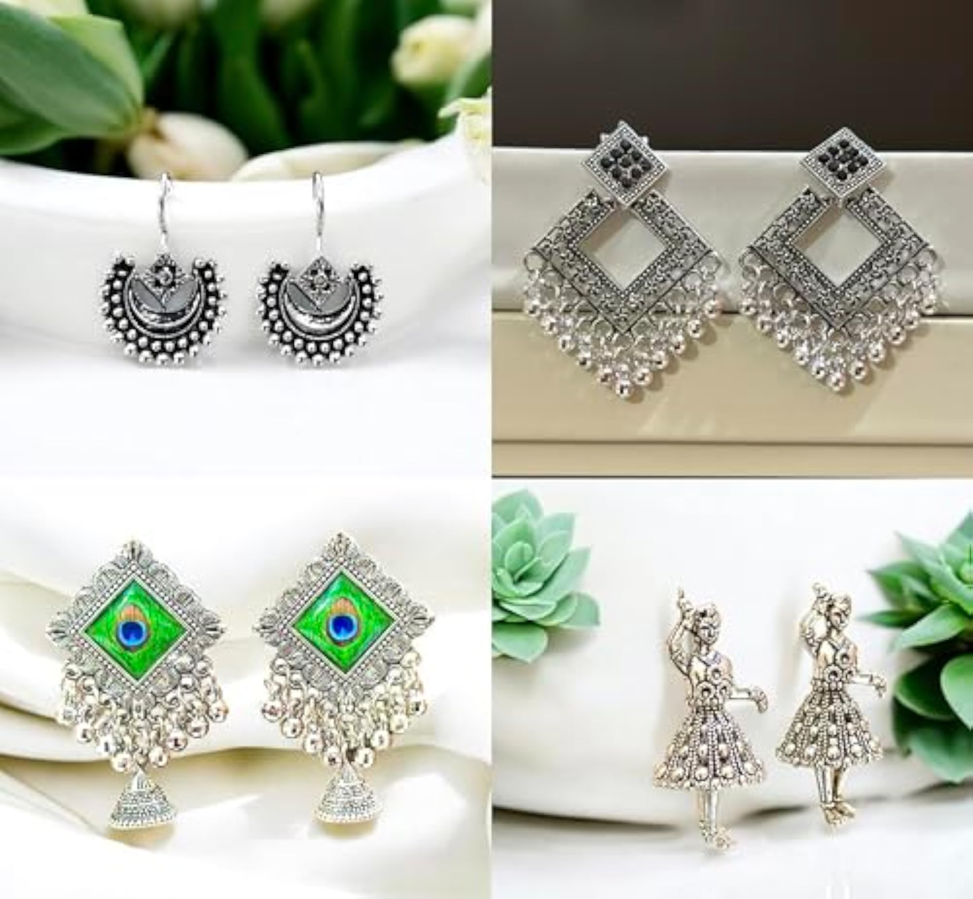 Traditional Indian Oxidised Silver Jhumka Earrings Combo Set